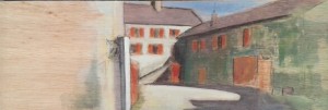 Domaine Dominique Dérain, St Aubin, acryl en houtskool op paneel, 22 x 60 cm