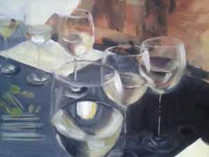 Glazen witte wijn. acryl op doek, 30 x 40 cm (1)