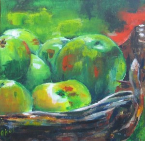 Mand met appels. acryl op doek 60 x 60 cm
