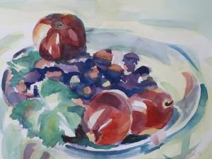 Fruitschaal-met-perzikken-aquarel-40-x-40-cm